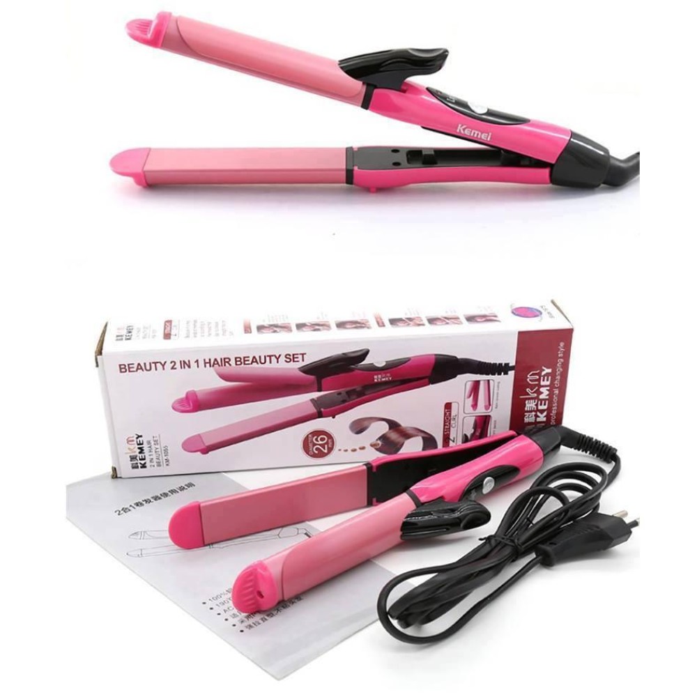 Kemei 2 In 1 Hair Straightener and Curler- Pink