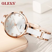Olevs Women's Watches Waterproof Original Quartz Analog Watch For Women Luxury White Ceramic Rhinestone Water Resistant Fashion